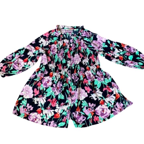 Caffe Marrakesh Tunic Top/Mini Dress Floral Smocked Button Front Sz L #17D - Picture 2 of 9